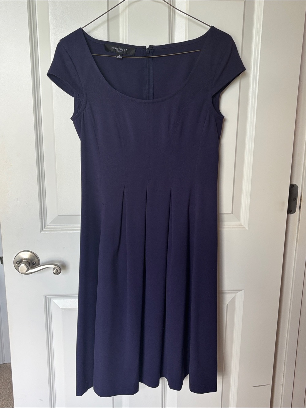 Nine West Navy Cap Sleeve Scoop Neck Tailored Midi Cocktail Office Dress